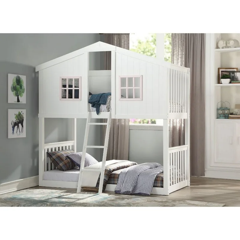 White House-Shape Twin Over Twin Bunk Bed with Ladder, 2-Sleeper