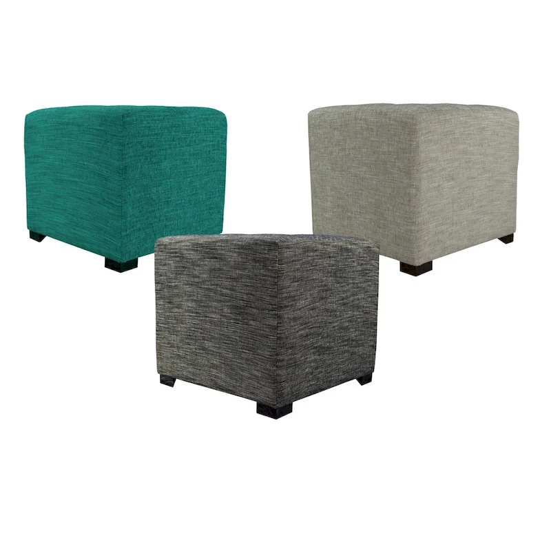 Square Button-Tufted Cotton Ottoman – Espresso / Grey / Aqua, Wood Legs, Single