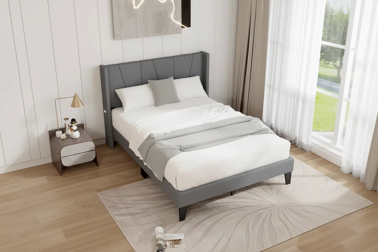 Grey Full Size Upholstered Wingback Platform Bed with Side Pockets, 1-Person
