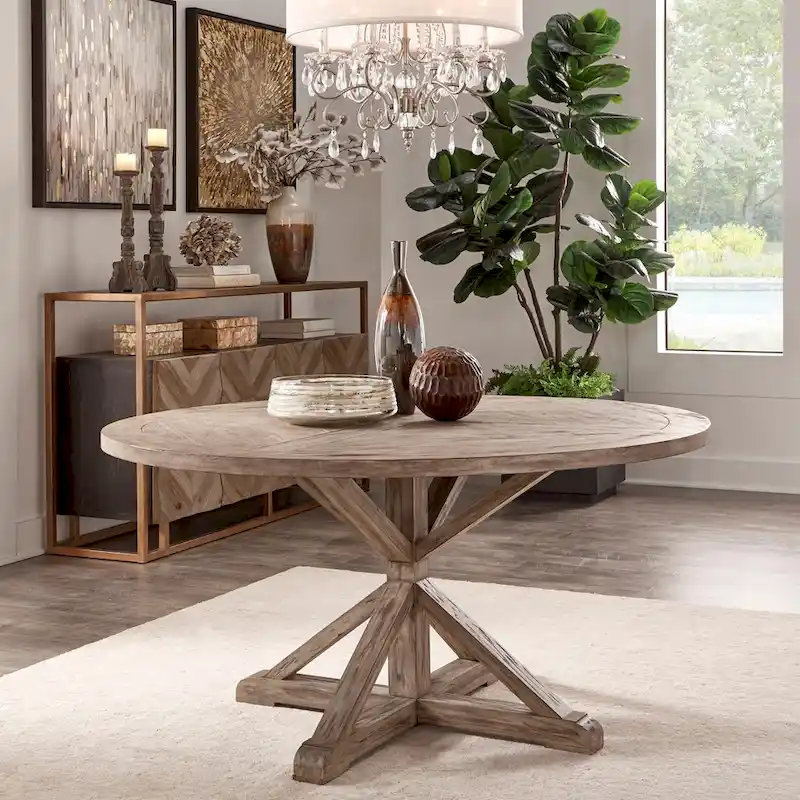 Rustic X-Base Round Pine Wood Dining Table