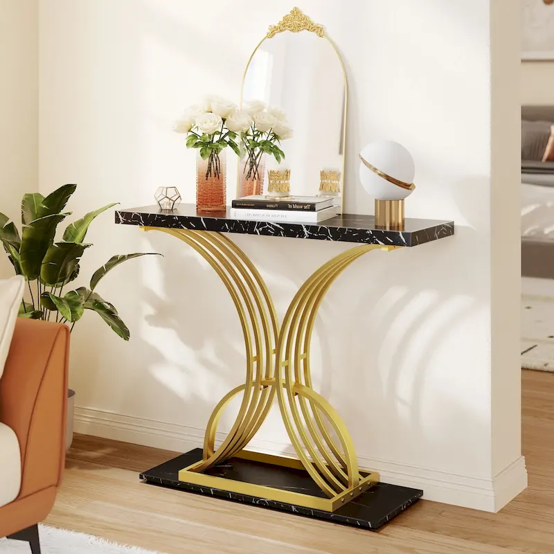 39 Faux Marble Console Sofa Table Geometric Gold Base for Entryway