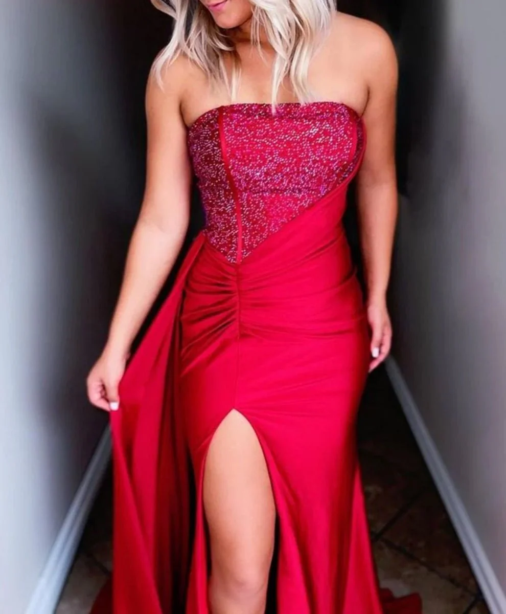 Red Strapless Satin Long Prom Dress with Slit
