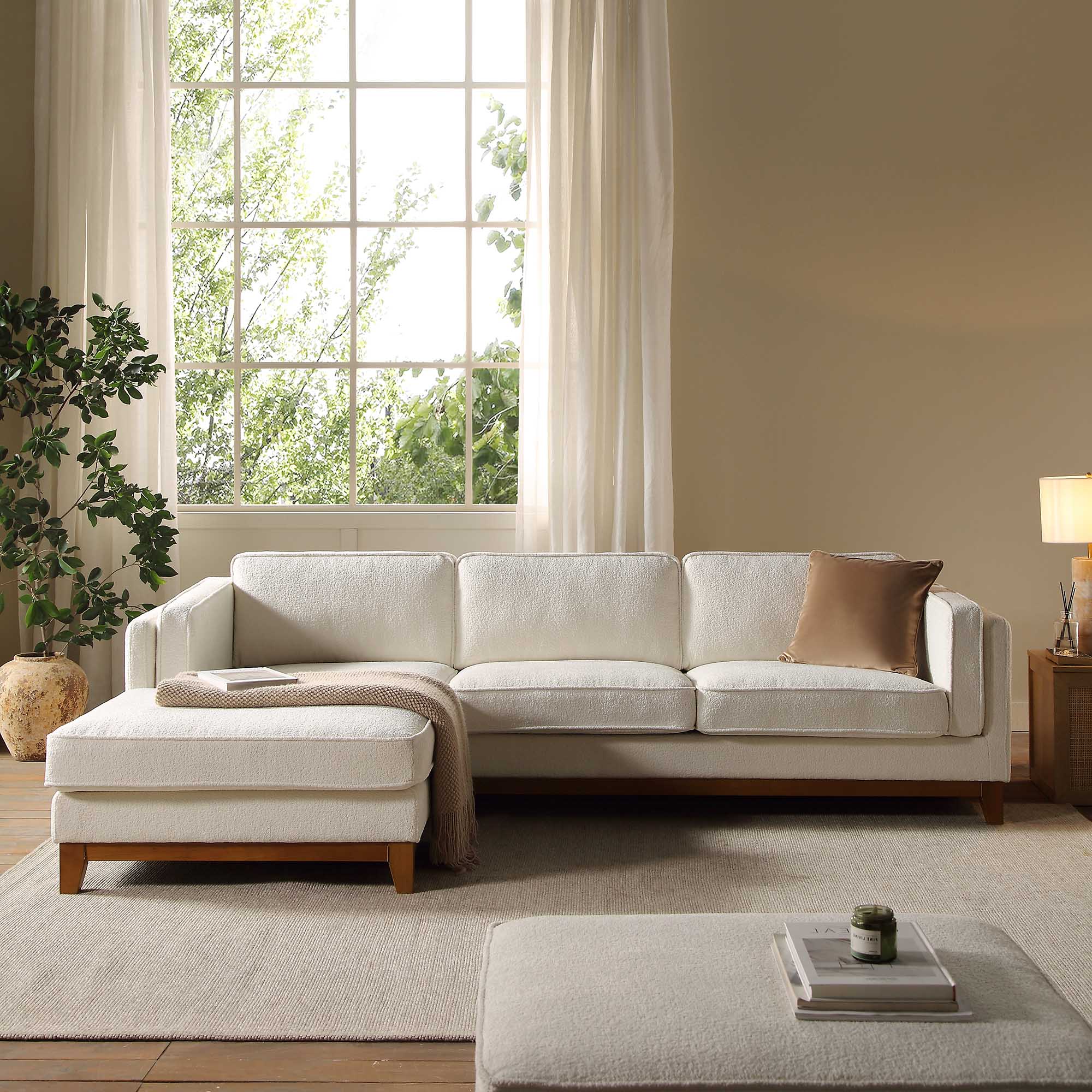 Beige Boucle Fabric Sofa, Grande Chaise Sofa Left Hand Facing