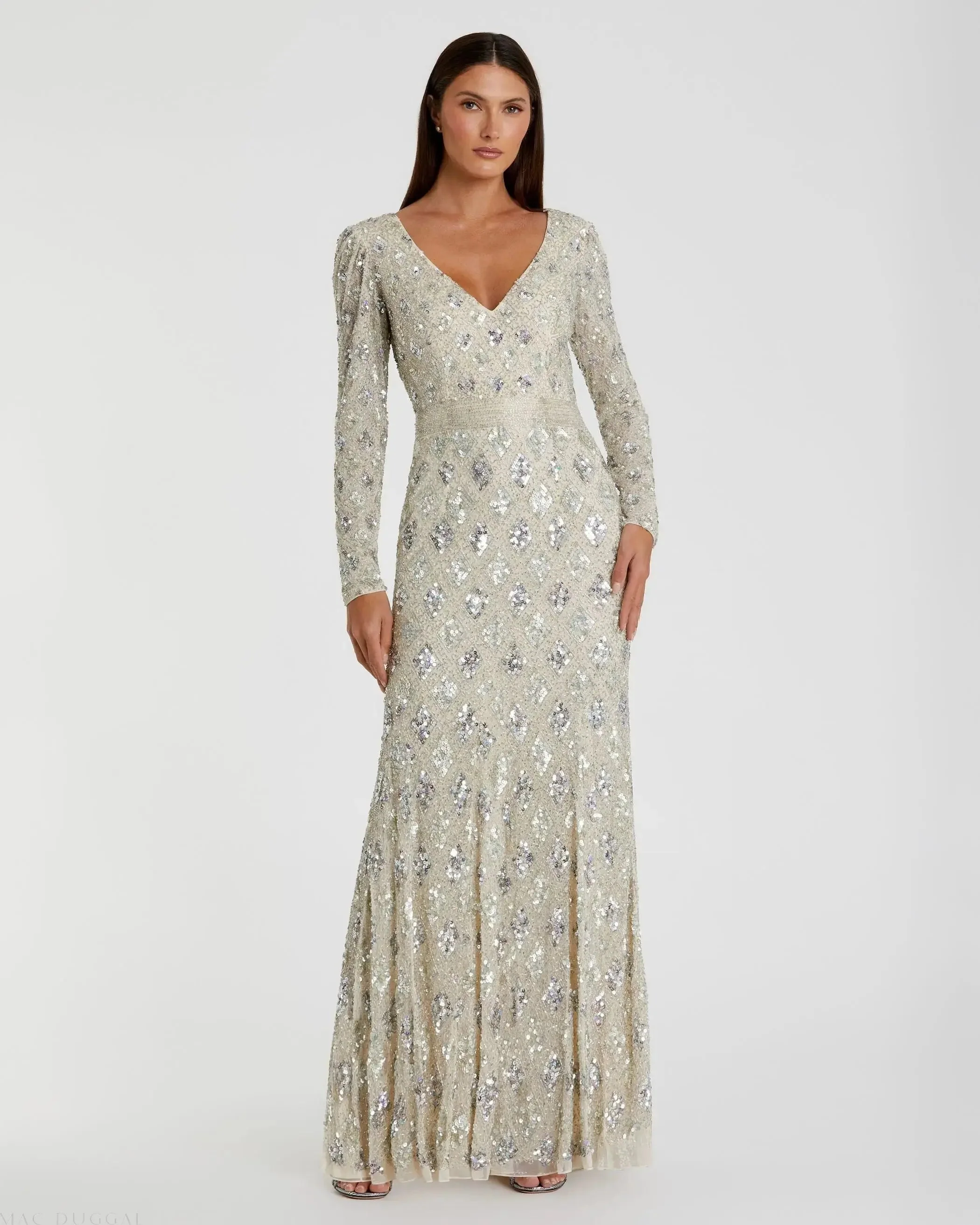 Silver Geometric Embellished Evening Gown