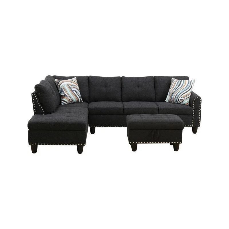 Rivet-Embellished 3-Piece Black Grey Linen Sofa Set - Elevate Your Living Room Style