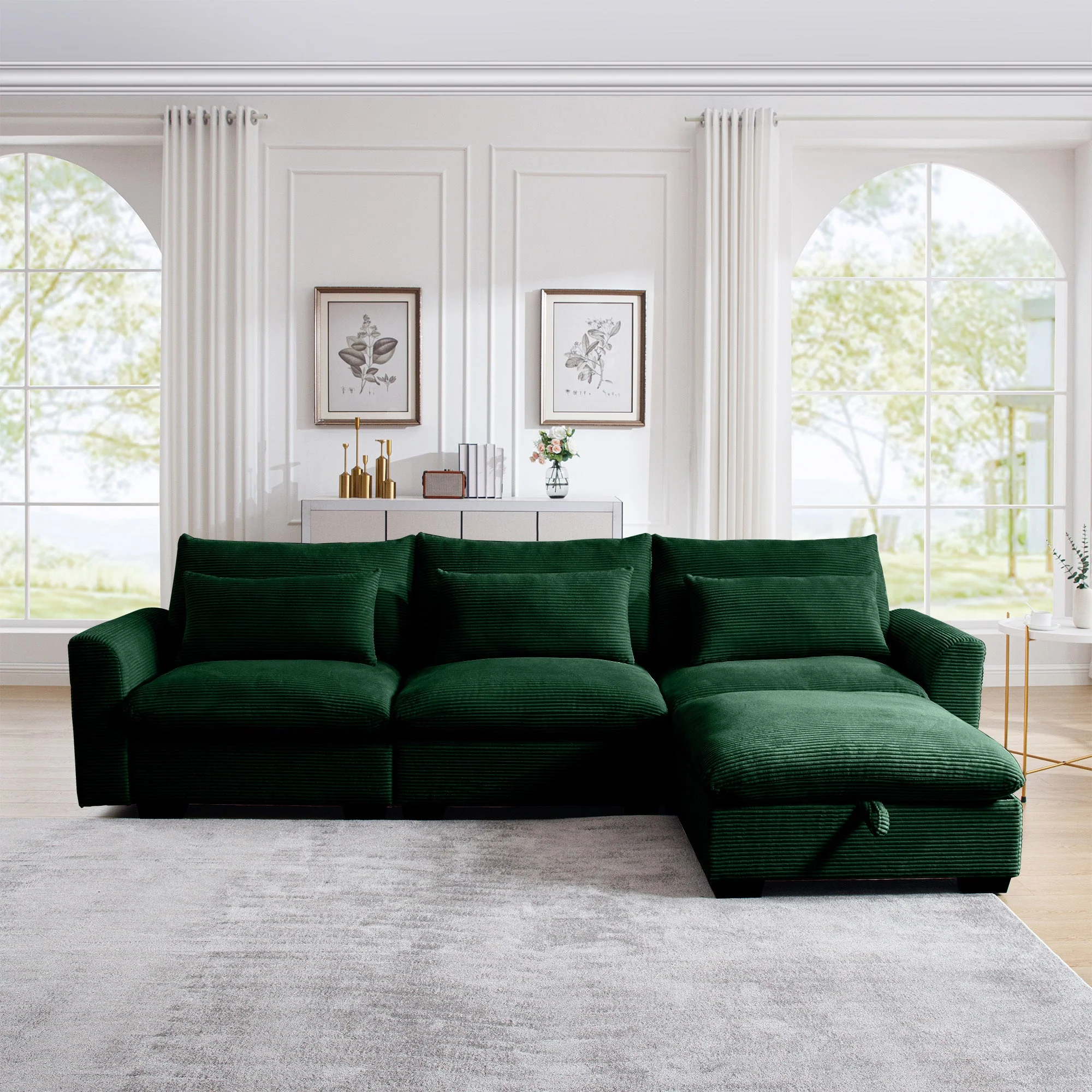 Walker Edison | Corduroy Sectional Sofa with Storage Ottoman