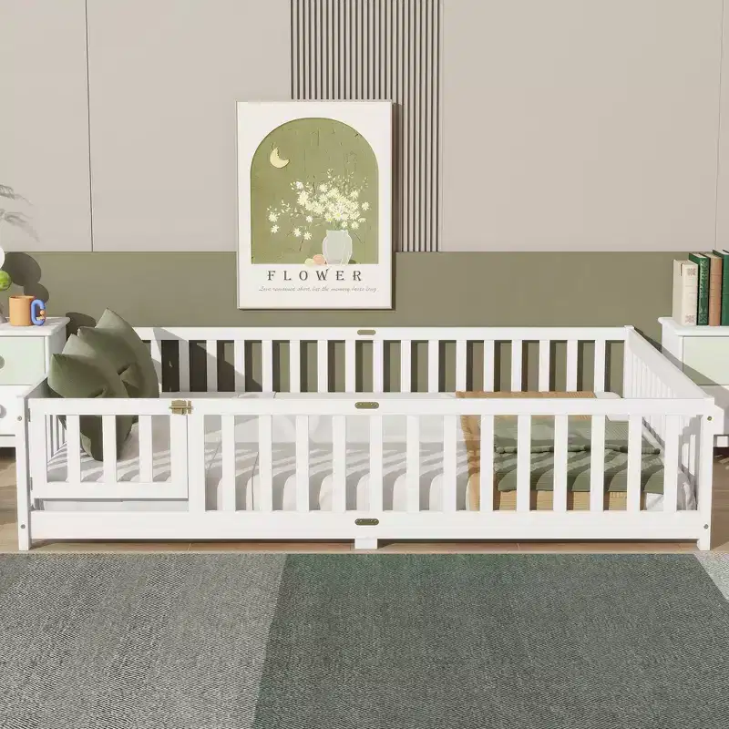 MAYEERTY Queen Floor Bed with Fence,Door, Rubber Wood Floor Bed Guardrails White