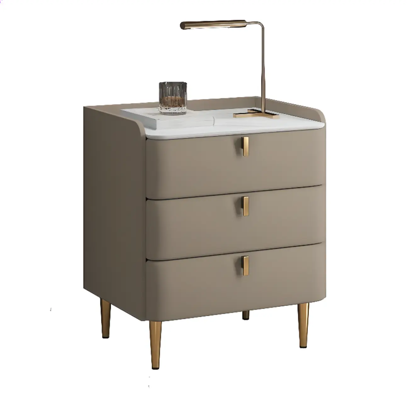 Modern Leather Stone Top Gold Accents 3-Drawer Nightstand