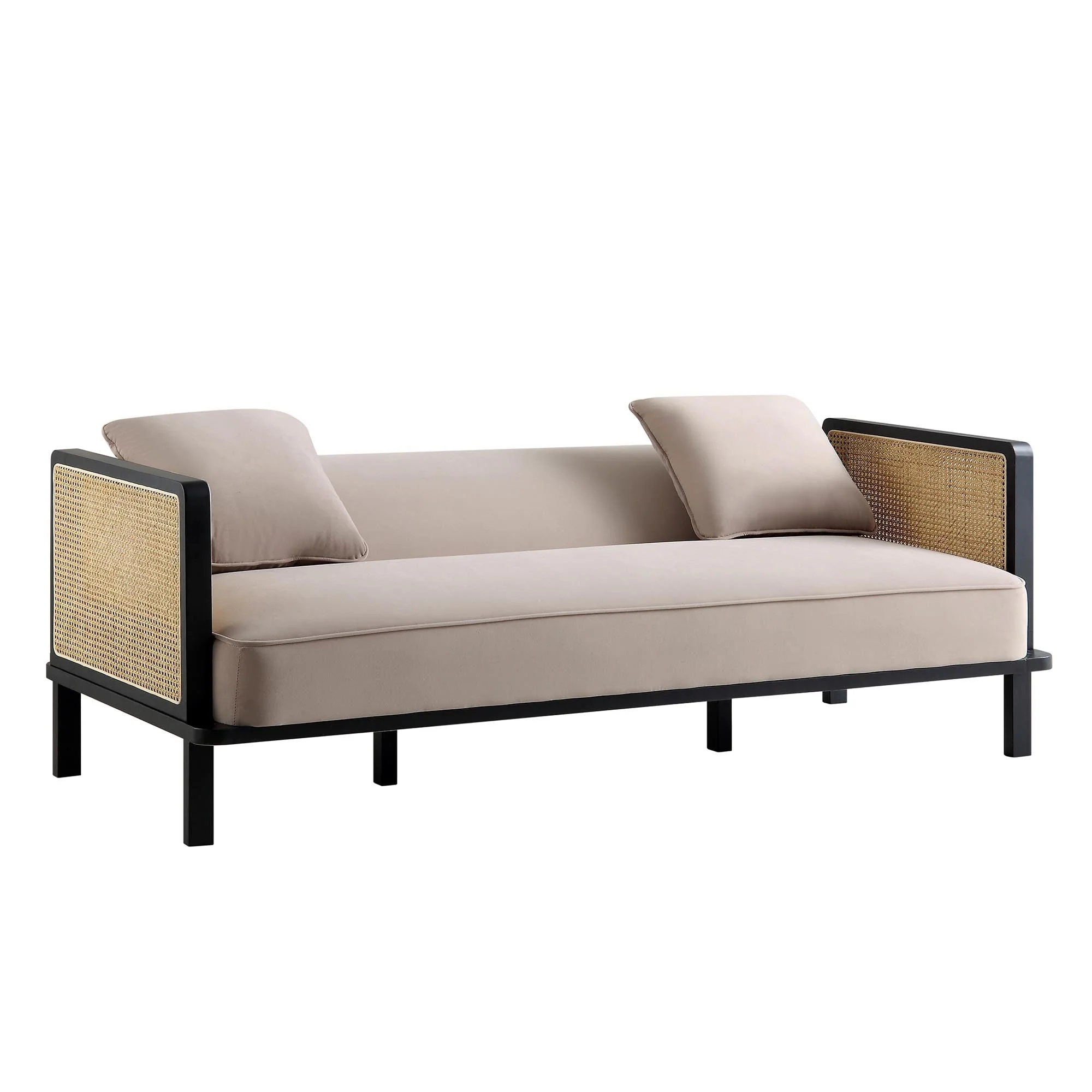 Solid Wood and Cane Sofa Bed, Taupe Velvet with Black Frame