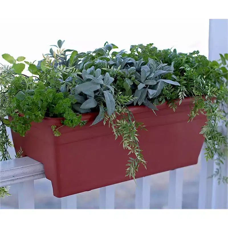 The HC Companies 24 Inch Wide Heavy Duty Plastic Deck Rail Mounted Garden Flower Planter Boxes with Removable Drainage Plugs, 4 Pack, Chocolate