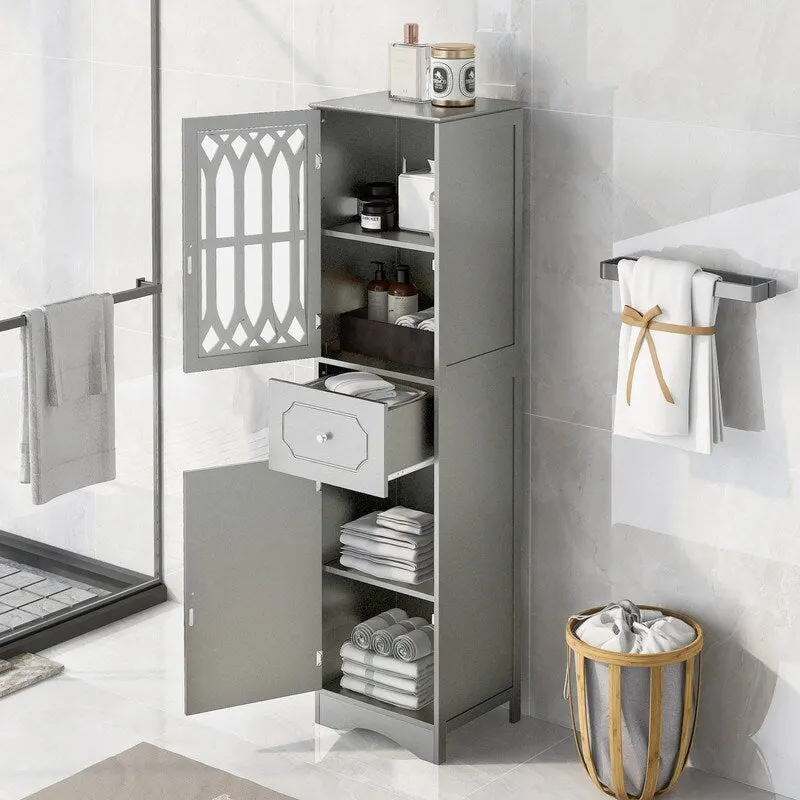Bathroom Tower Cabinet 63.8H Freestanding MDF 2 Cabinets 1 Drawer Acrylic Door White
