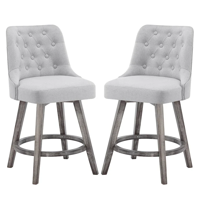 HOMYKA Tufted Swivel Bar Stool with Wood Grain Chair Legs Set of 2