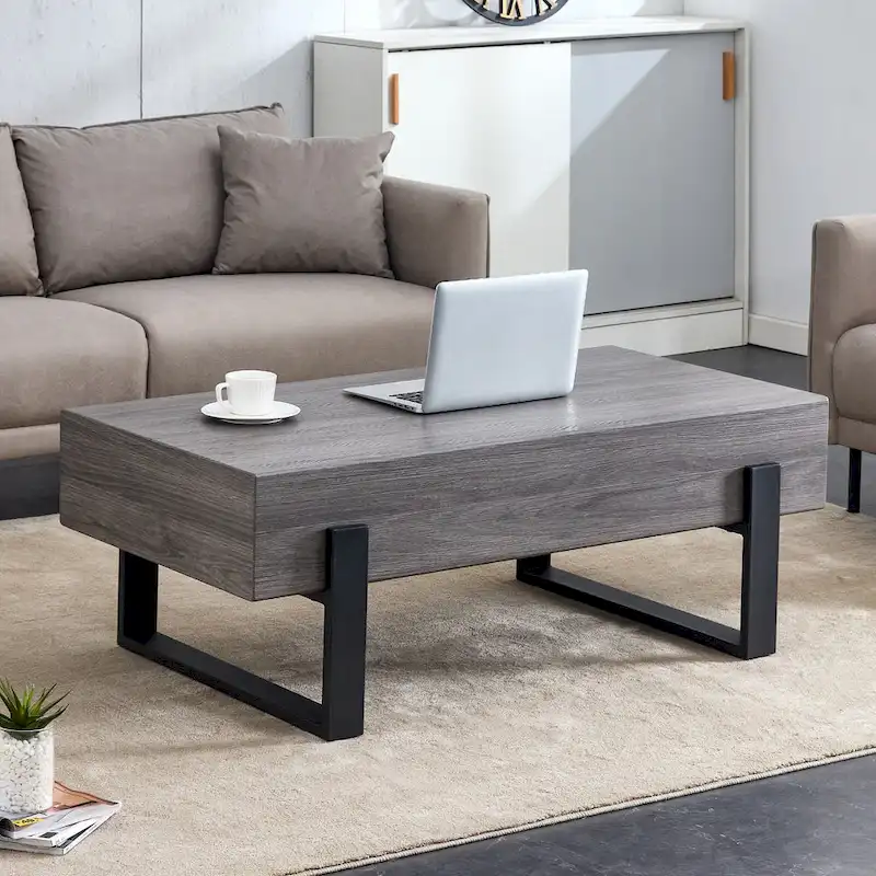 Rustic Gray Wood Grain MDF Coffee Table | Black Metal Legs, Living Room