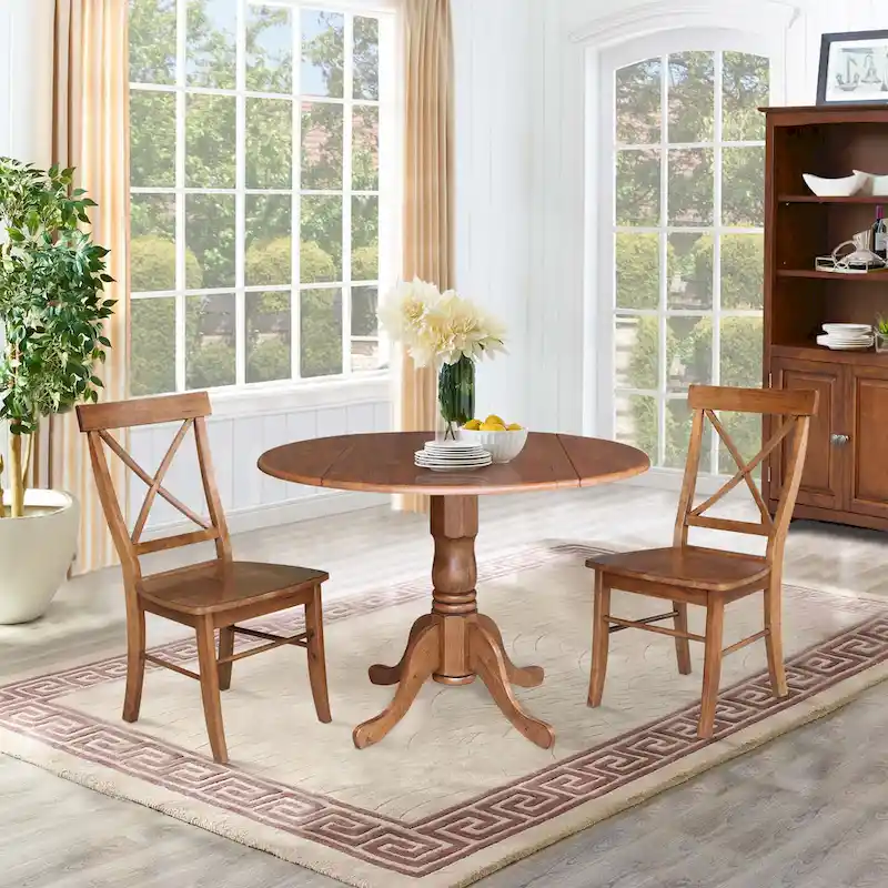 42 Solid Wood Dual Drop Leaf Table With 2 X-Back Chairs - 3 Piece Set