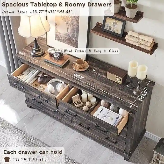 Farmhouse 6 Drawers Dresser, Wood Chest of Drawers, Closet Dresser