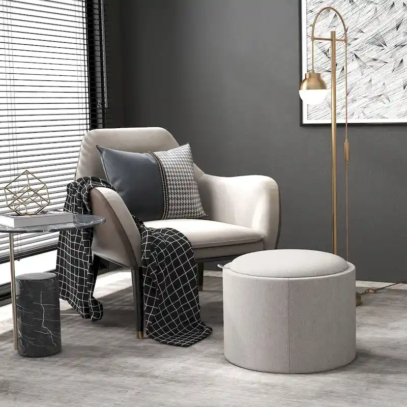 Round Storage Ottoman with Flip Top Lid and Hidden Storage