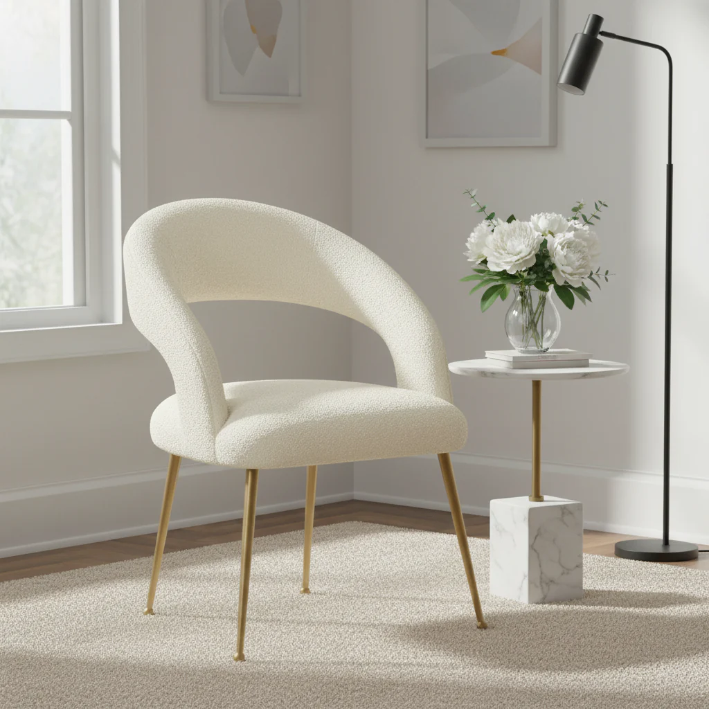 Cream/Black Boucle Dining Chair – Curved Open Back, Stainless Steel Legs, Single Seat