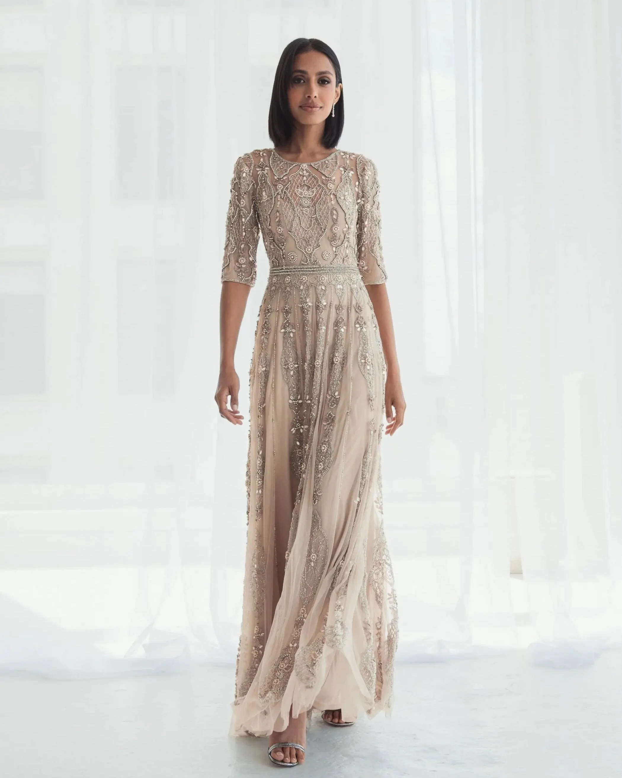 Beige 3/4 Sleeve Embellished A-line Gown