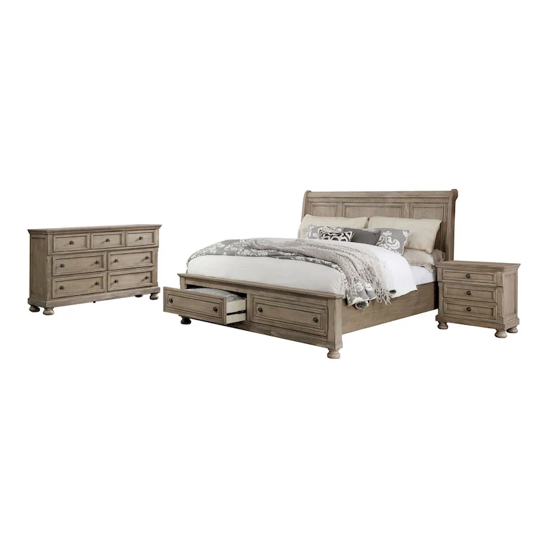 Transitional Grey Wood 3-Piece Storage Sleigh Bed, Nightstand and Dresser