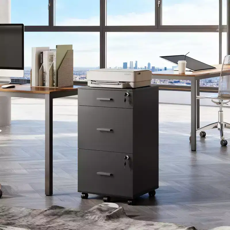 DEXYLLO File Cabinet 3-Drawer Rolling Wood Cabinet for Home Office with Lock, Fits Letter/A4 Size
