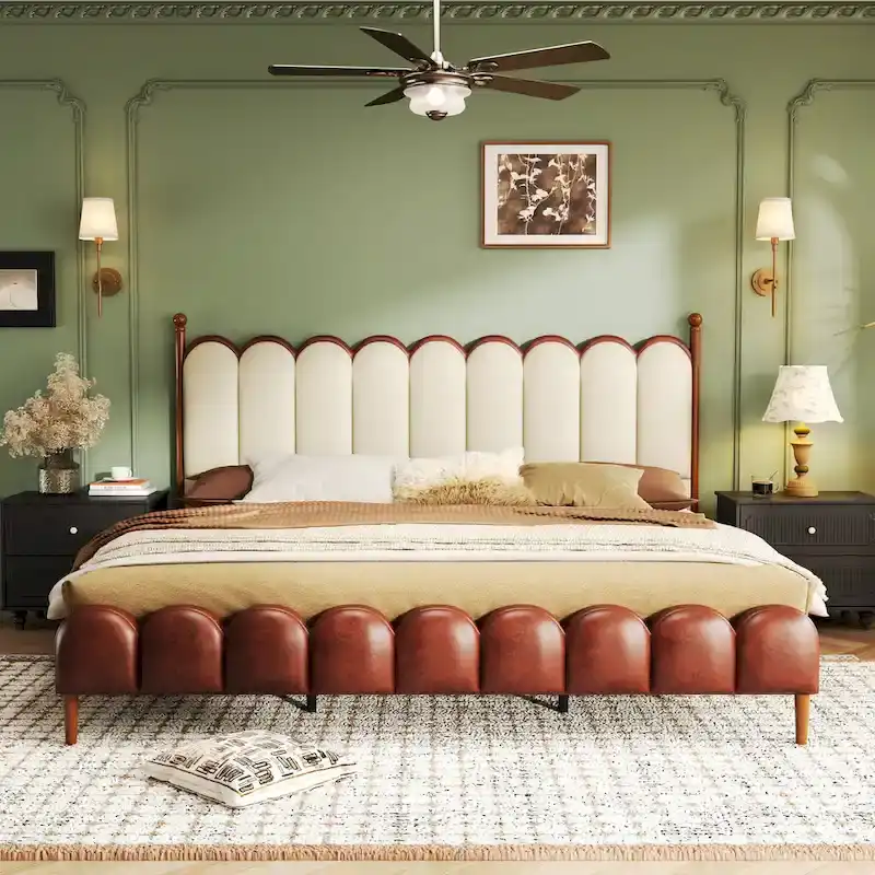 Leather Upholstered Bed with Headboard & Footboard, Solid Wood Slats & Legs