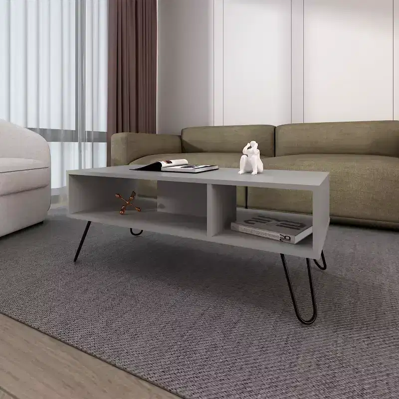 Smoke Finish Coffee Table with 2 Shelves, Modern Sophisticated Storage Display Table for Spacious Living Areas