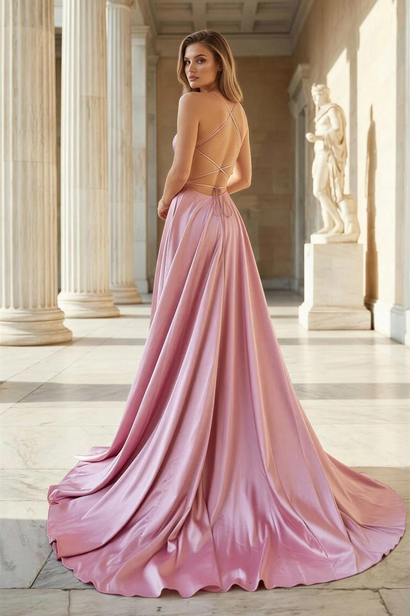 Pink V Neck Satin Backless A Line Prom Dress With Pockets