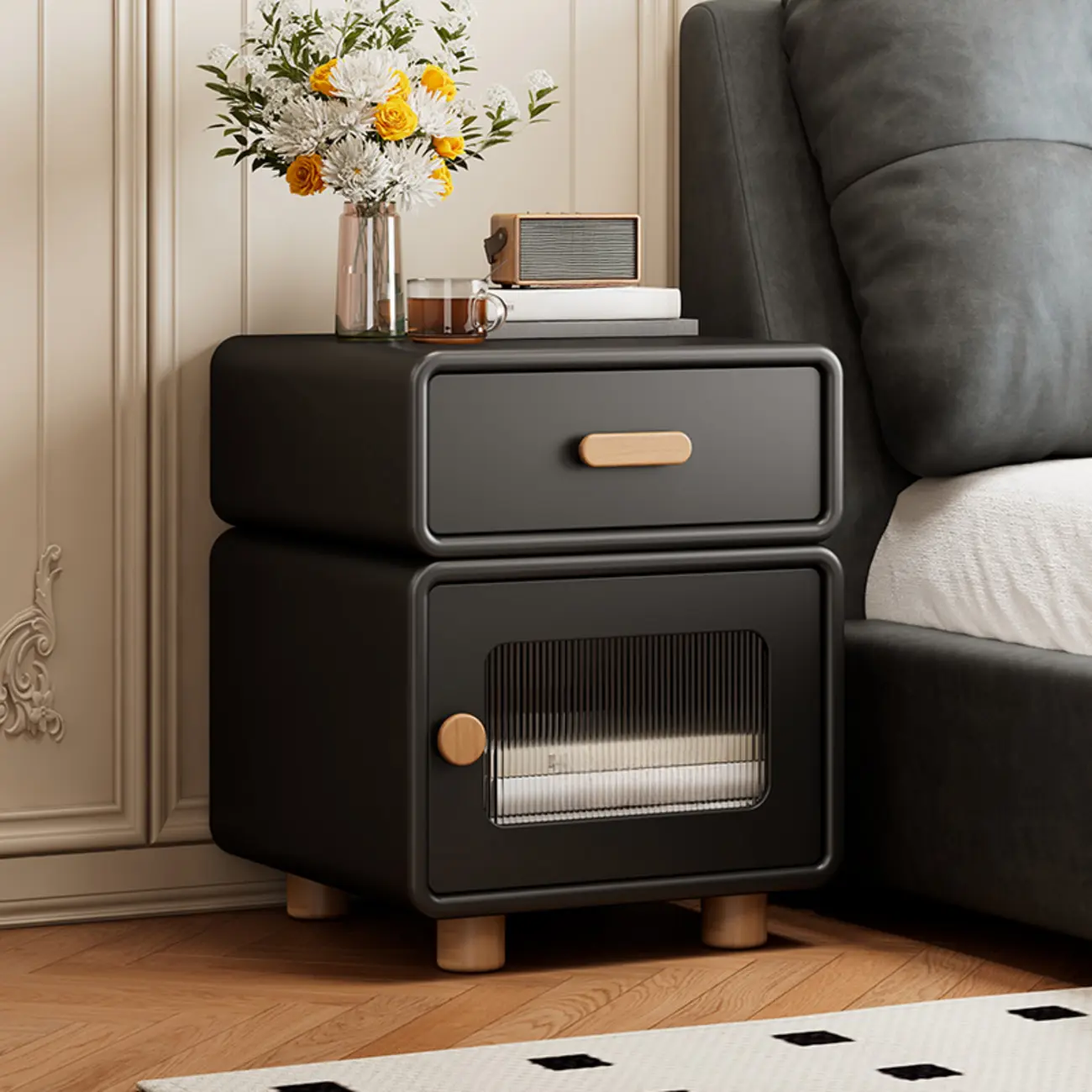 Durable Sleek Edge Wood Cream Bedside Cabinet Nightstand