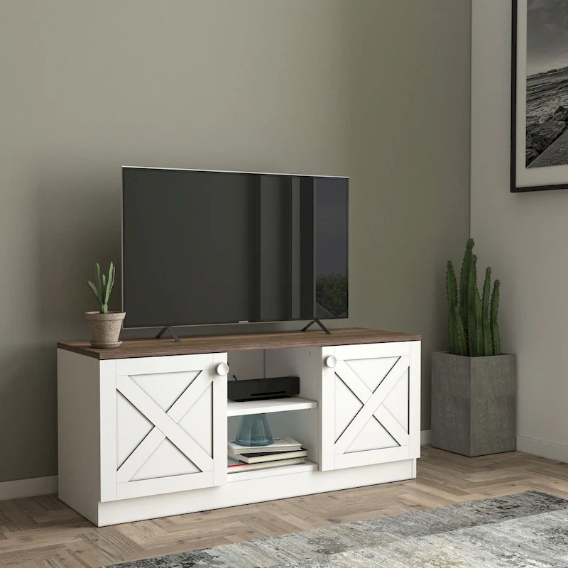White Modern TV Stand with 2-Door Storage Cabinets & Open Center Shelf – Fits up to 65