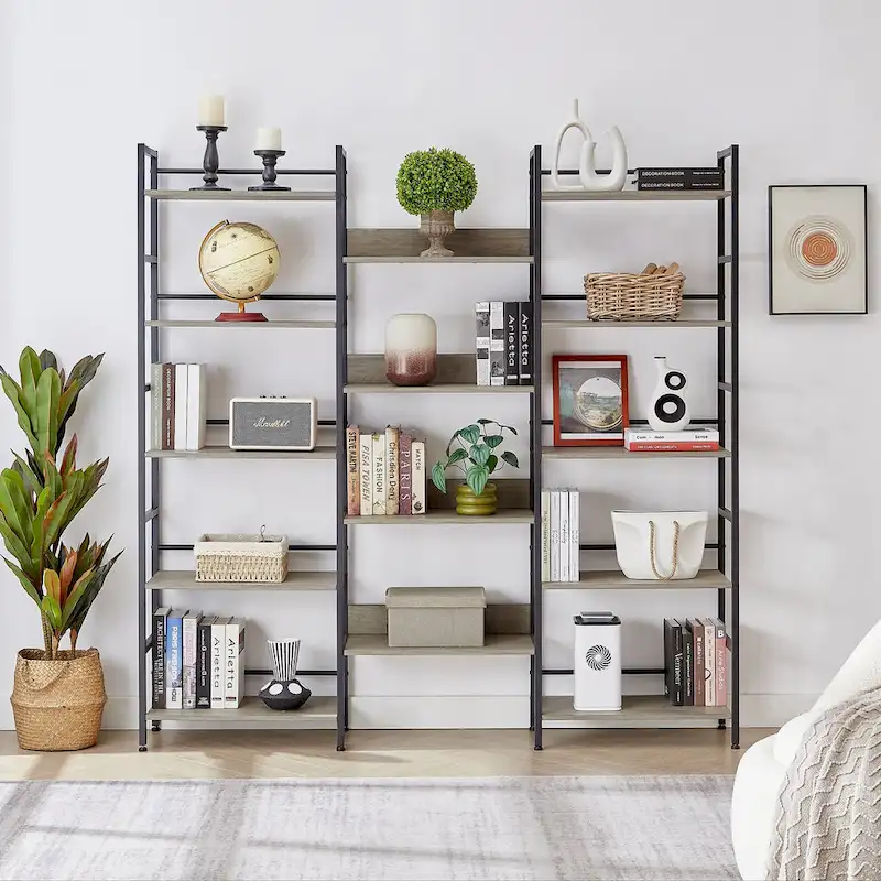 Triple Wide 5-shelf Bookshelves Industrial Retro Wooden Style Home and Office Large Open Bookshelves