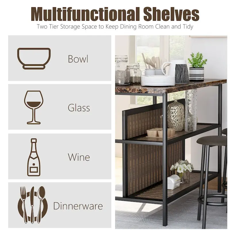 Grondin Mid-Century Modern 3-Piece Faux Marble Top Kitchen Island Set with 2 Stools and Shelves - N/A