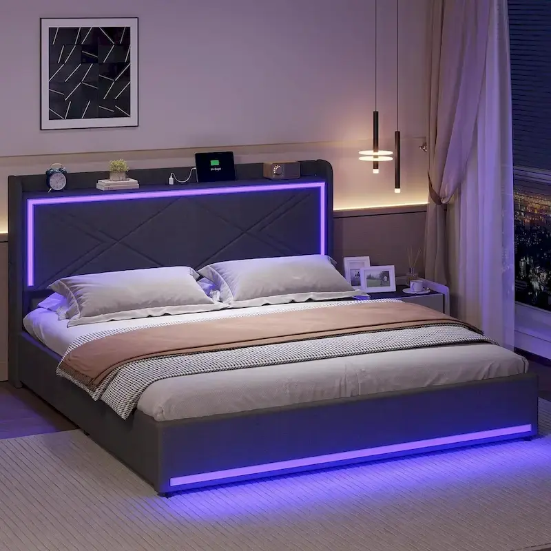 Bed Frame LED Lights Headboard & USB-C/A Charging Station 4 Drawers