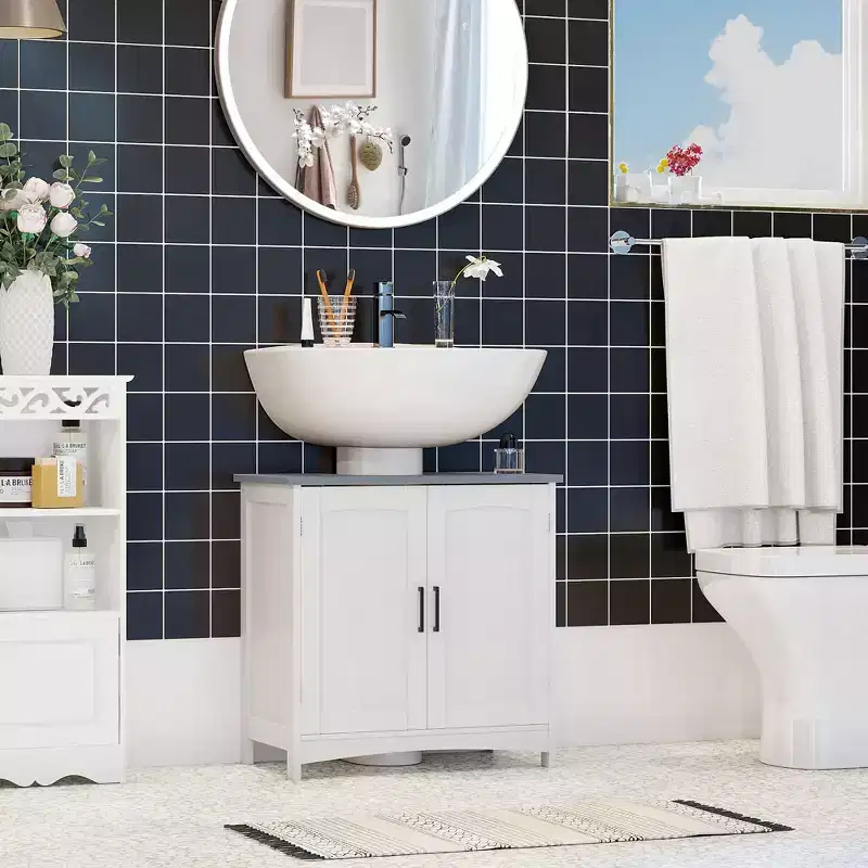 kleankin Pedestal Under Sink Cabinet with Double Doors, Modern Bathroom Vanity Unit, Storage Cupboard with Adjustable Shelves, White