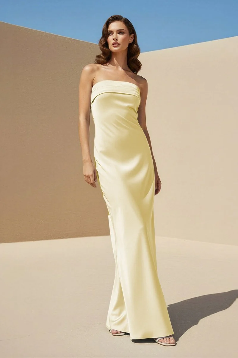 Sky Blue Strapless Sheath Satin Pleated Open Back Long Prom Dresses