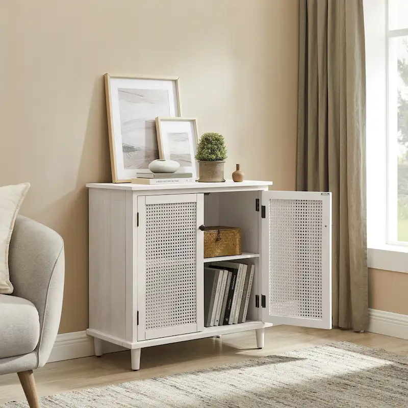 Natural Bamboo / Walnut Woven Rattan Accent Cabinet with Sliding or Standard Doors – Single Unit