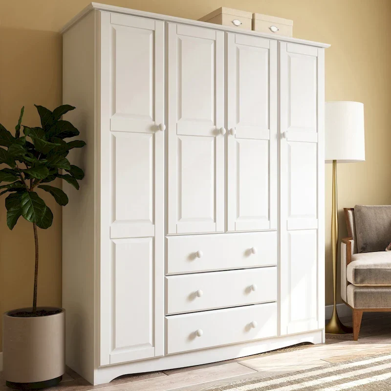100% Solid Wood 4-Door Wardrobe Armoire with Metal or Wooden Knobs
