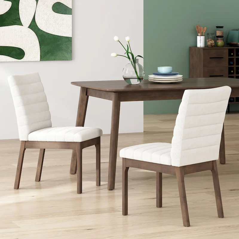 Mid-Century Dining Chairs Set of 2 – Walnut Legs, Fabric / Faux Leather, Light Beige / Cognac Brown / Dark Gray