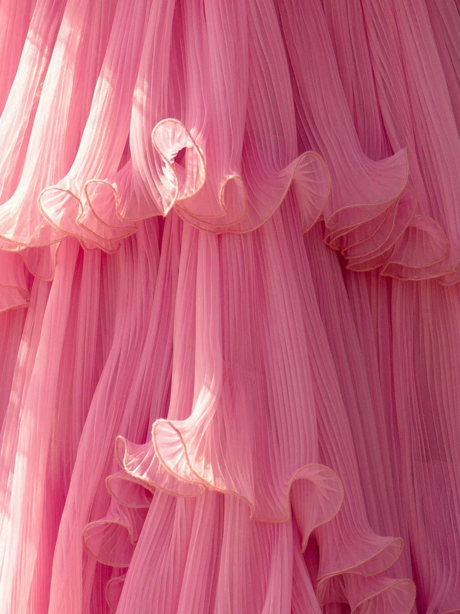 Pink Strapless A-Line Tiered Crinkled Tulle Prom Dress