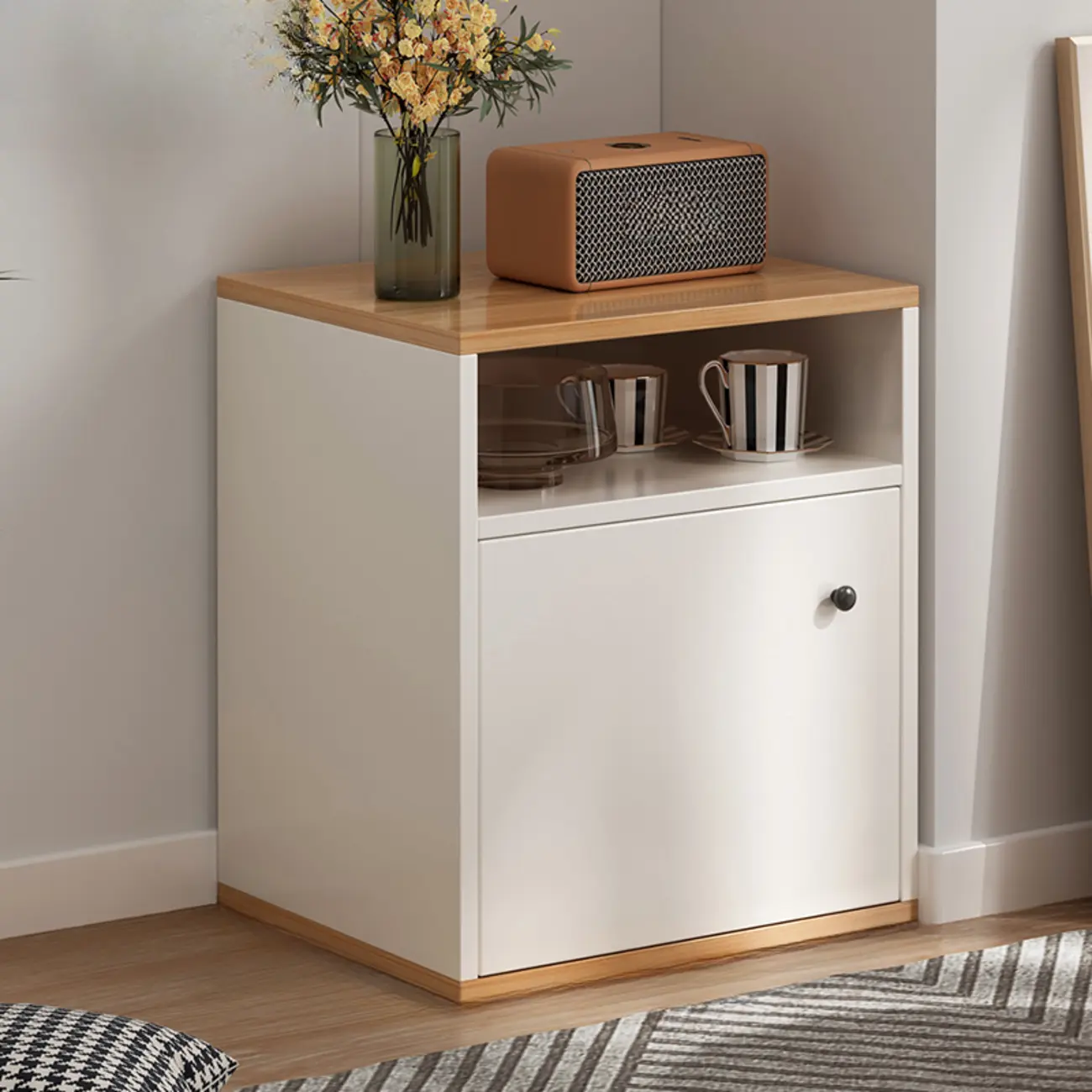 Modern White Wooden Storage Cabinet with Exterior Shelves