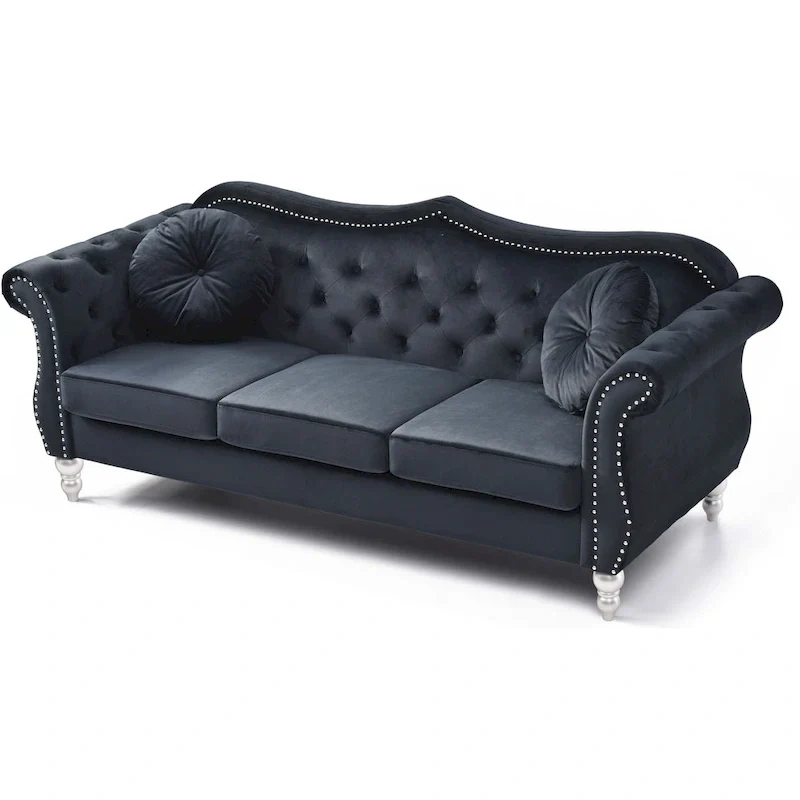 Black / Dark Gray / Burgundy / Navy / Ivory / Pink / Green Velvet Button Tufted Sofa – Glam Style, Seats 3