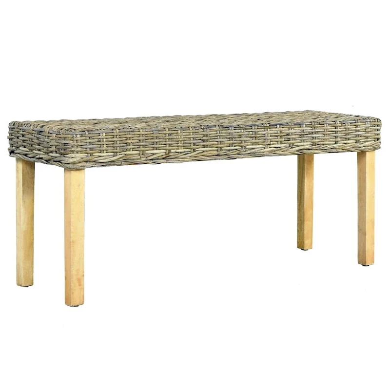 Natural Kubu Rattan Bench - Brown - Solid Mango Wood Legs