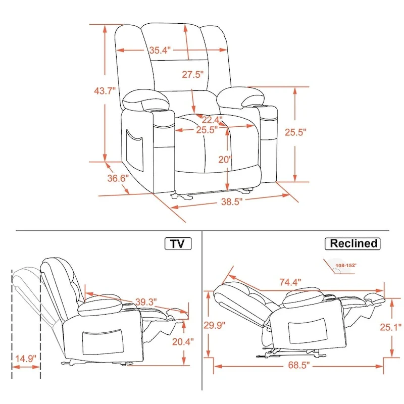 Electric Power Recliner Chair with Heat and Massage, Fabric 6079/PR670