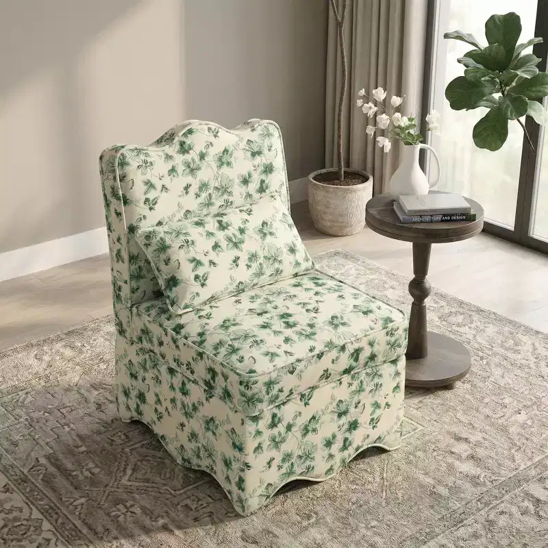 FurnitureR Floral Upholstered Slipper Chair with Cushion, Armless Accent Chair for Living Room Bedroom, Vintage Floral Reading Chair