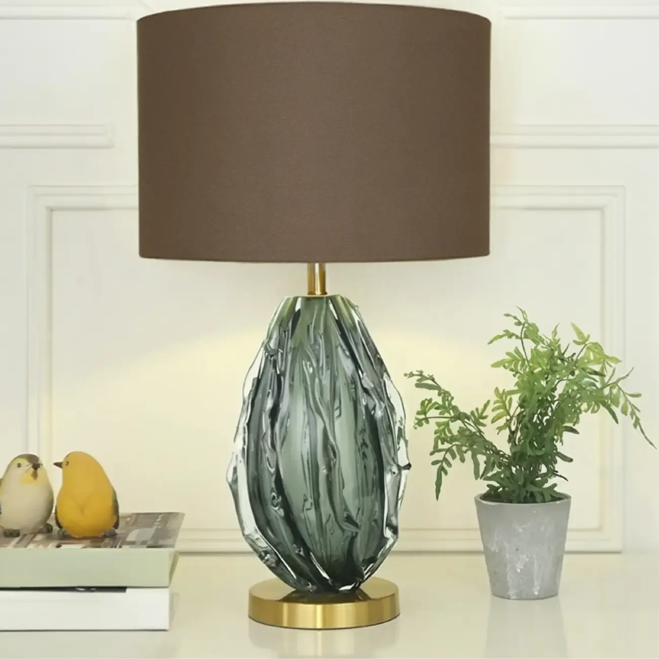 Modern Green Glass Table Lamp with Fabric Shape