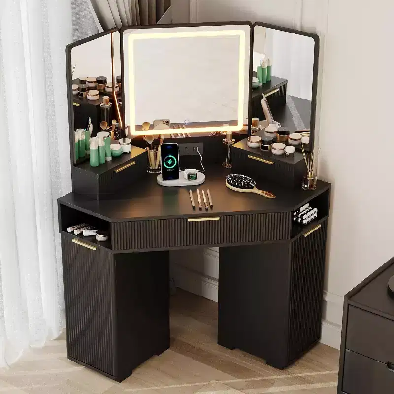 Corner Vanity Desk, Fluted Makeup Table with Drawers and Cabinets for Bedroom, Corner Makeup Vanity, Black