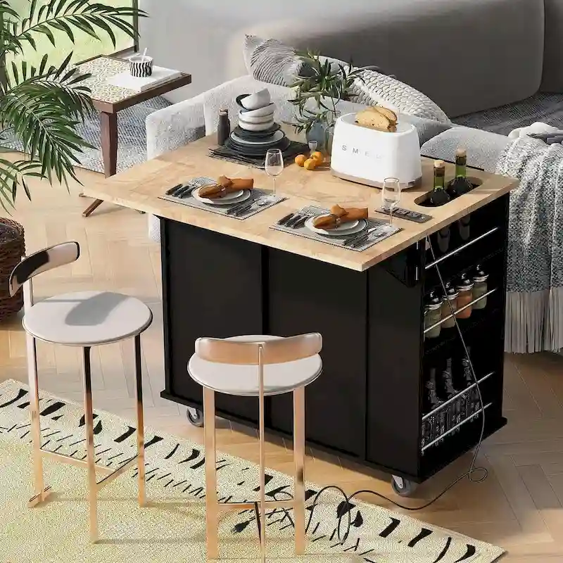 Kitchen Island Cart with Wheels ,Power Outlet, Drop Leaf, Wine Rack