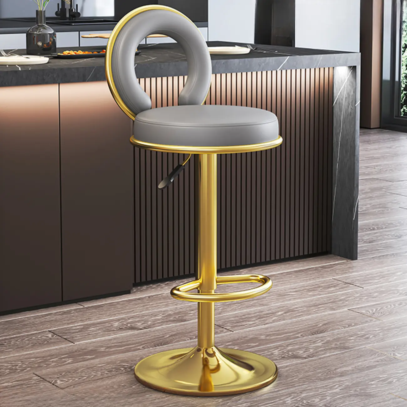 Glam Round Adjustable Leather Swivel Bar Stool with Back