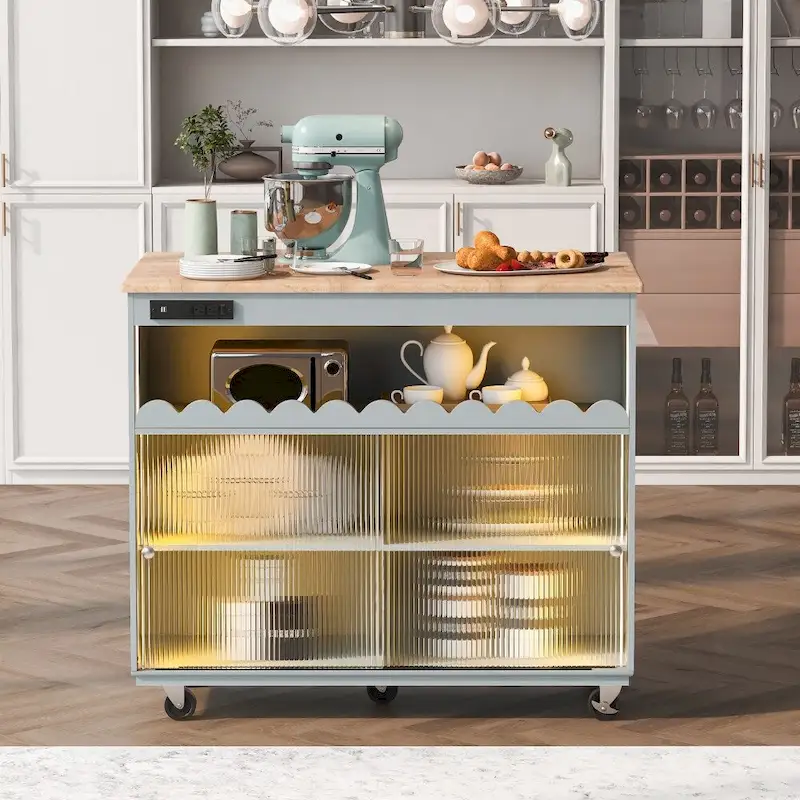 LED Light Kitchen Island on Wheels with Drop Leaf and Power Outlets