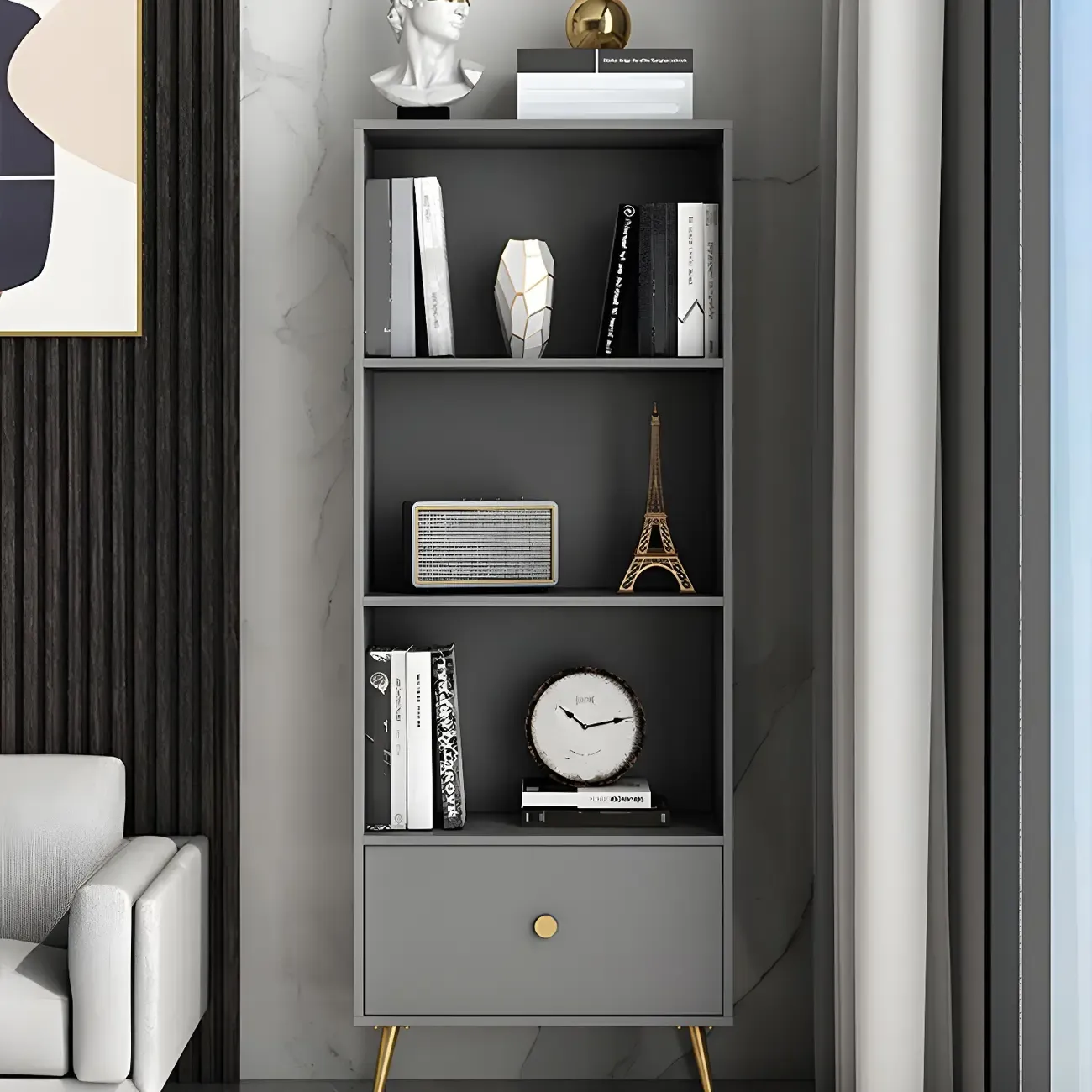 White Metal 2/3/4-Tier Open Bookcase with Drawer