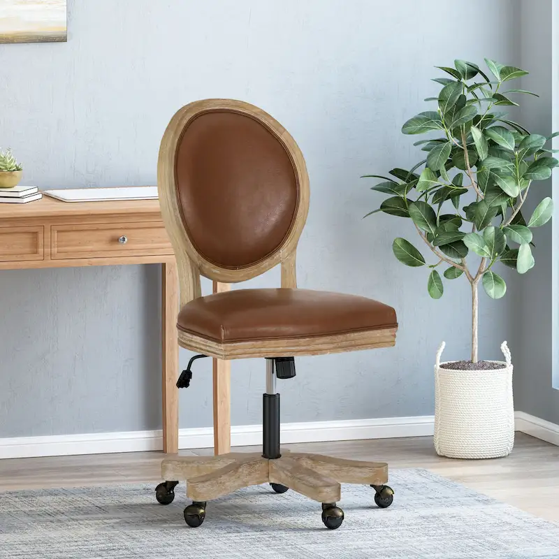 Upholstered Swivel Office Chair – Beige/Cognac/Dark Brown/Charcoal, Fabric & Faux Leather, 1-Person